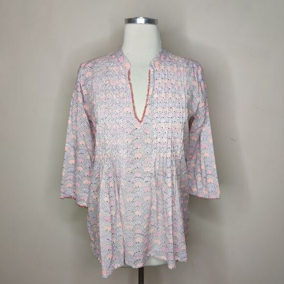 Roberta Roller Rabbit Tunic Top Beaded Floral Geometric Cotton - Picture 1 of 12